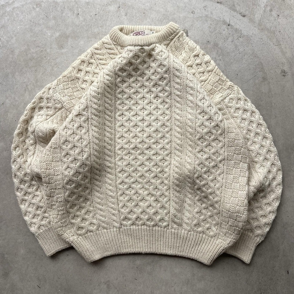 Vintage Crios Kildare Aran Wool Hand Knit Fisherman Sweater Ireland Made M - Picture 1 of 6